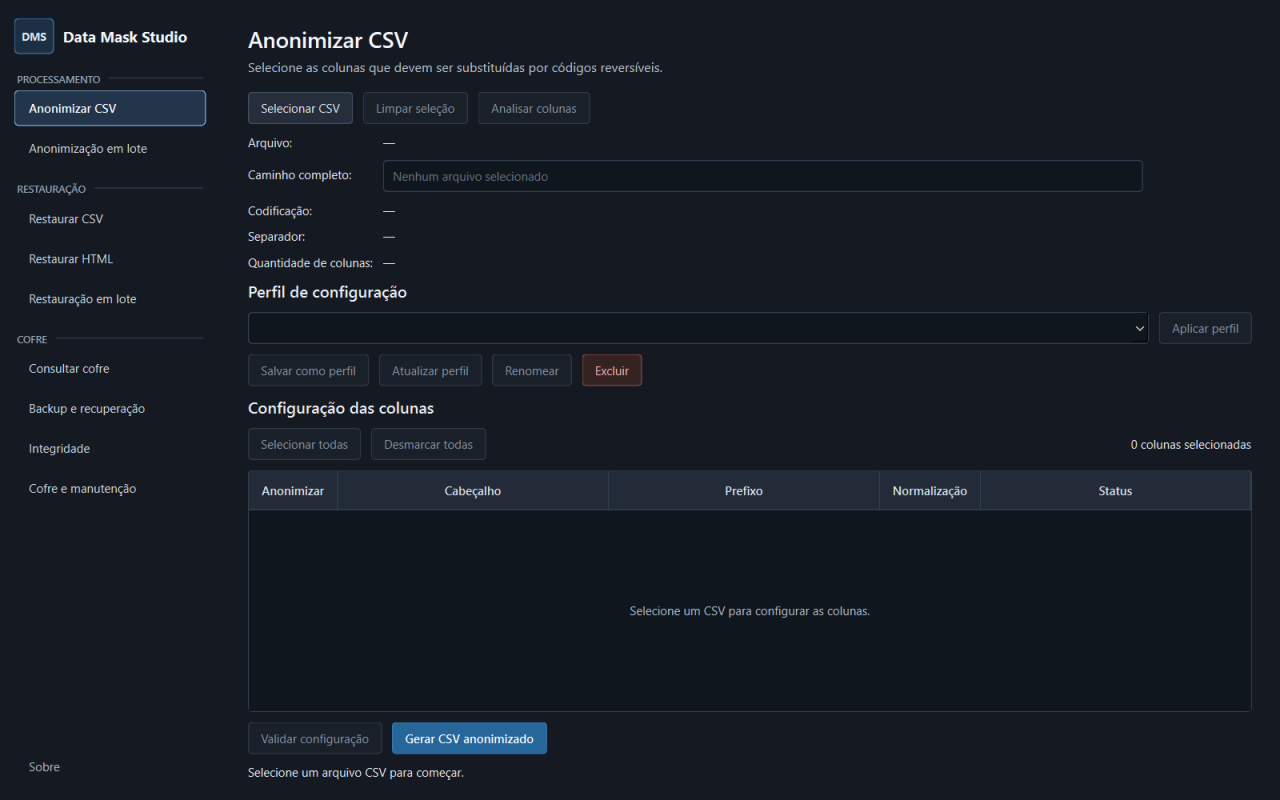Data Mask Studio desktop interface showing CSV masking configuration